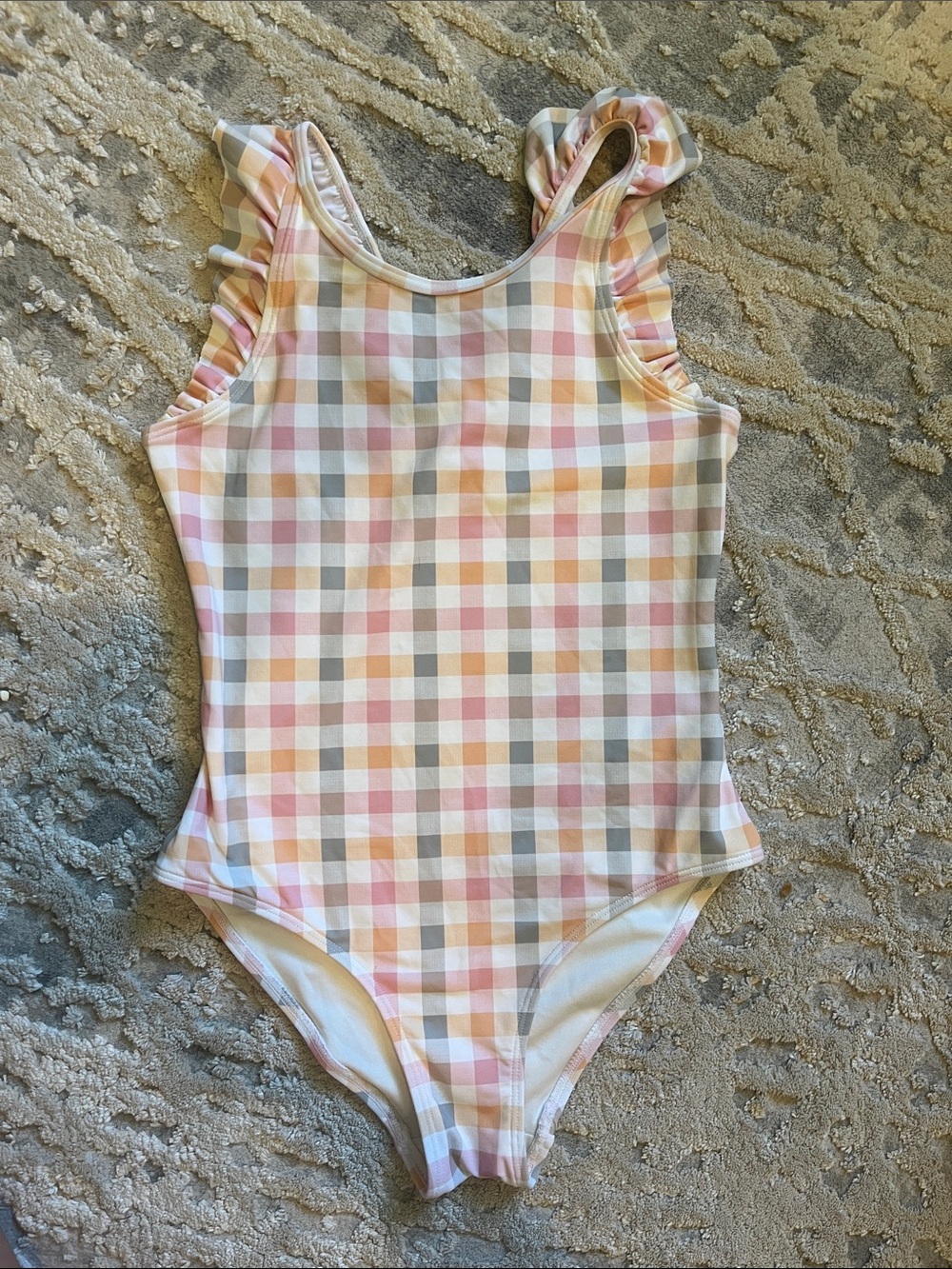 Petit Lem Pastel Gingham Girls One-Piece Swimsuit with Ruffle Straps 6X